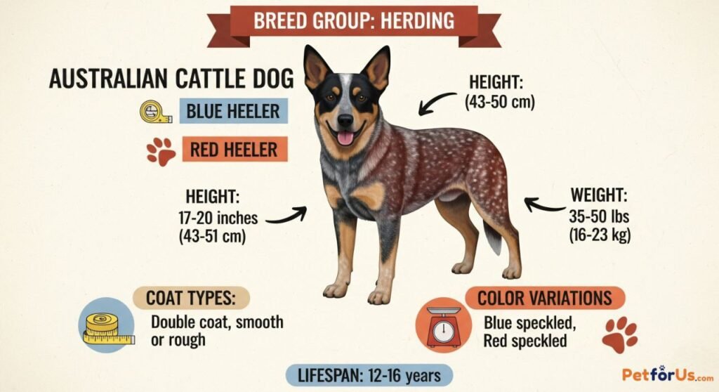 Breed infographic with details like size, color, lifespan, and common nicknames of the Australian Cattle Dog