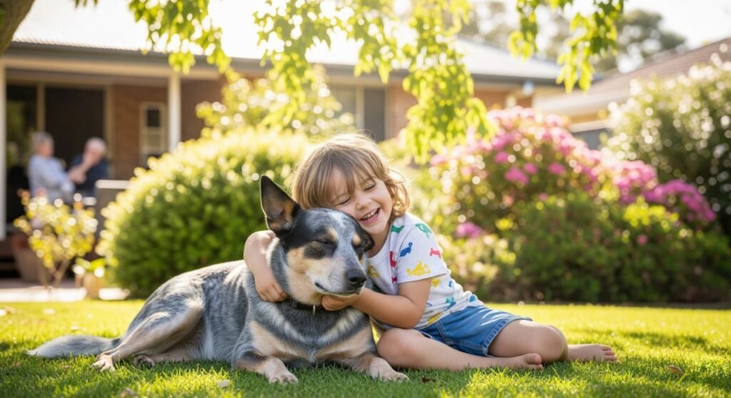 Australian Cattle Dog cuddling with a child in a backyard