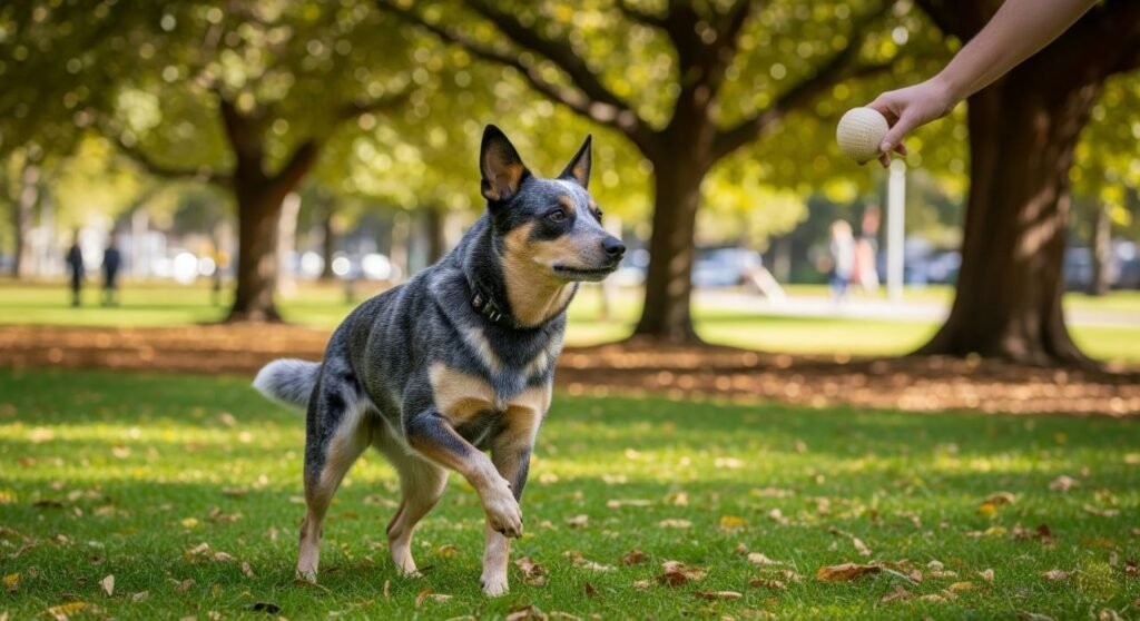 Australian Cattle Dog following training commands in a grassy park with its trainer