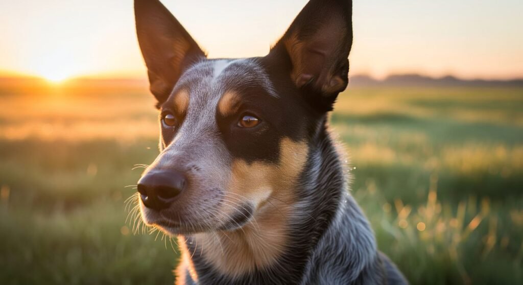 Australian Cattle Dog sitting attentively in a grassy field during sunrise