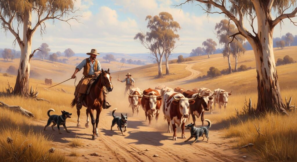 Historical depiction of Australian settlers with cattle and herding dogs in the outback.