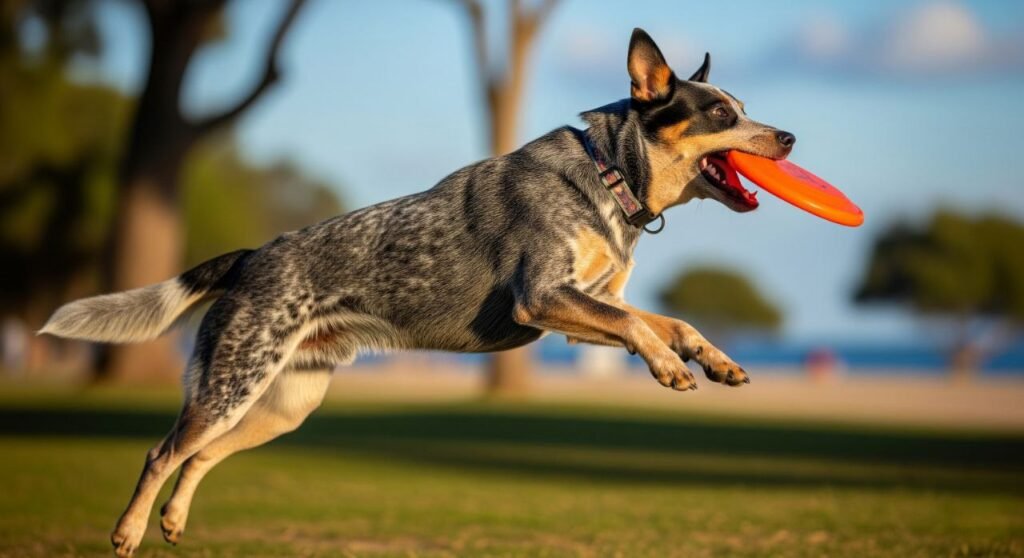 Energetic Australian Cattle Dog catching a frisbee in mid-air during playtime