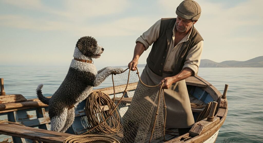 Historical depiction of a Portuguese Water Dog assisting a fisherman at sea.