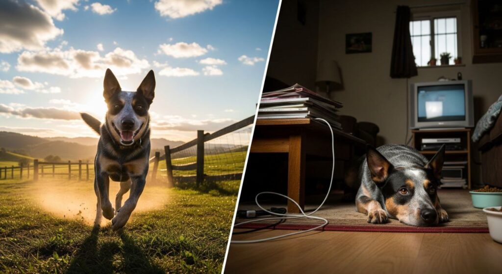 Comparison image of an active Australian Cattle Dog on a farm vs. one looking bored indoors