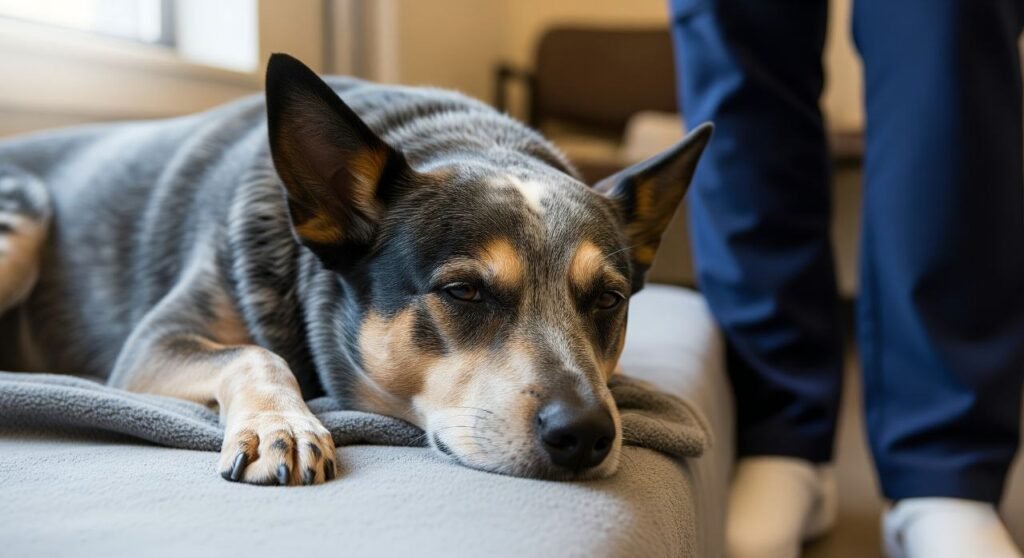 Older Australian Cattle Dog resting next to a veterinarian during a health check