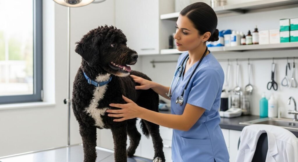 Portuguese Water Dog being examined at a vet clinic