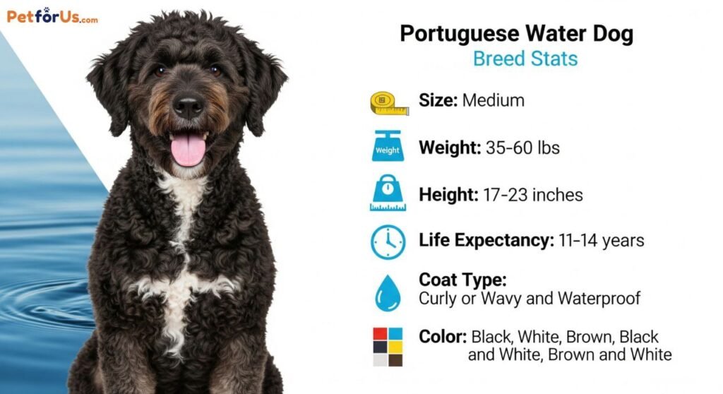 Portuguese Water Dog breed chart showing average size, weight, coat, and color types