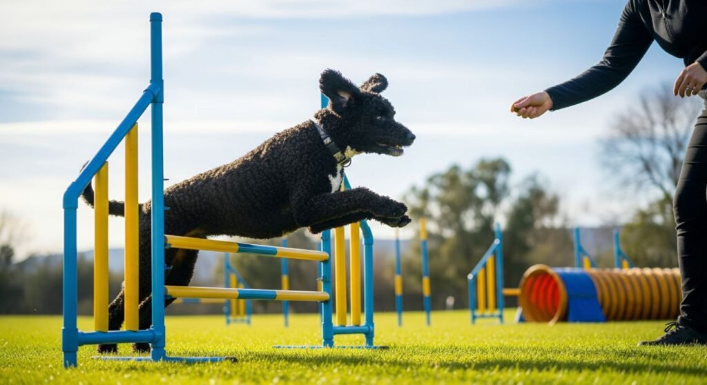 Portuguese Water Dog going through an agility tunnel during training