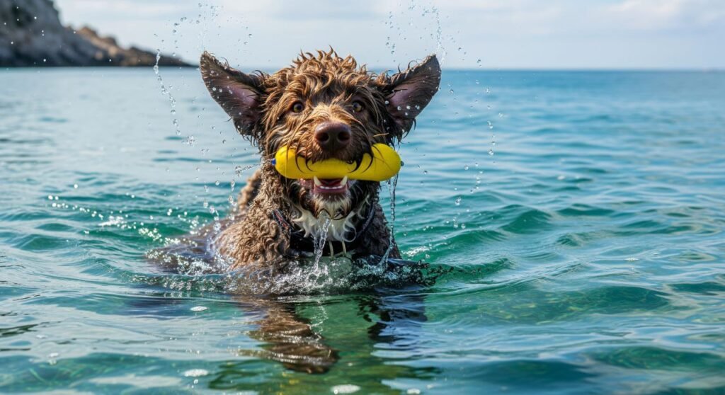 Portuguese Water Dog joyfully swimming in open water