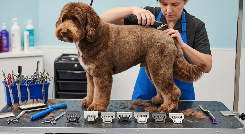 Portuguese Water Dog receiving professional grooming