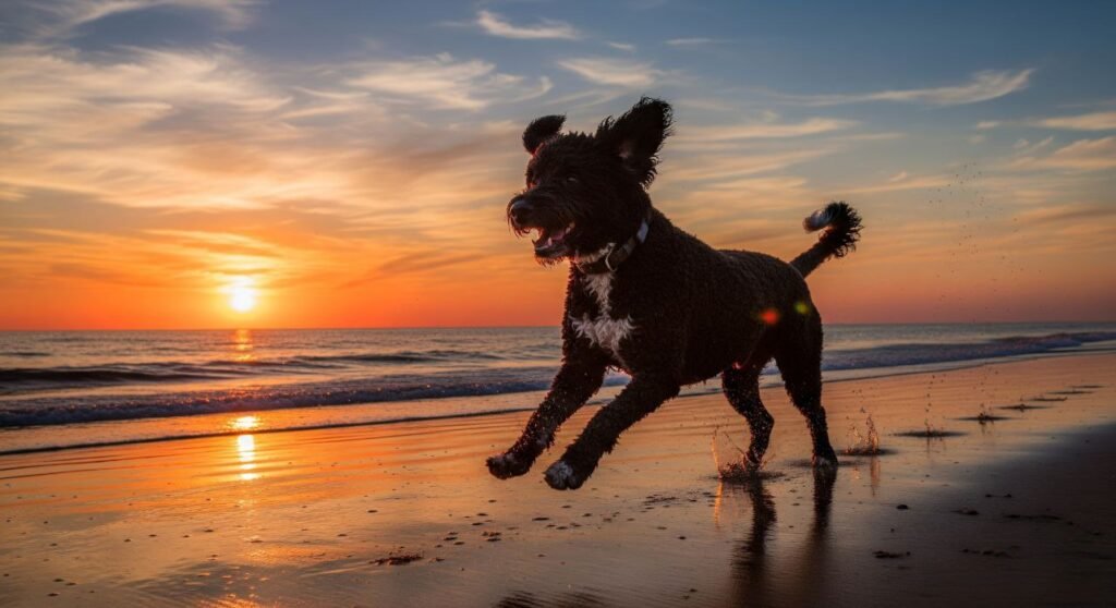 Portuguese Water Dog running freely along the beach at sunset