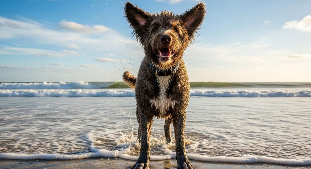 Portuguese Water Dog standing on the beach, looking alert and playful near the waves