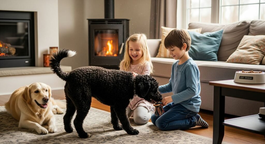 Portuguese Water Dog playing gently with children and relaxing near another dog in a cozy family room