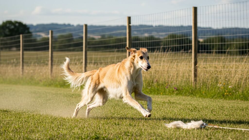 A Saluki running at full speed across a grassy field, showcasing its athletic build and agility