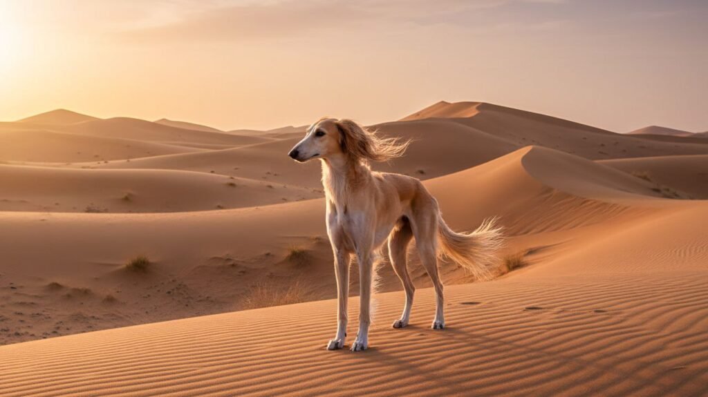 A Saluki dog standing in a desert at sunset, showcasing its graceful and slender body