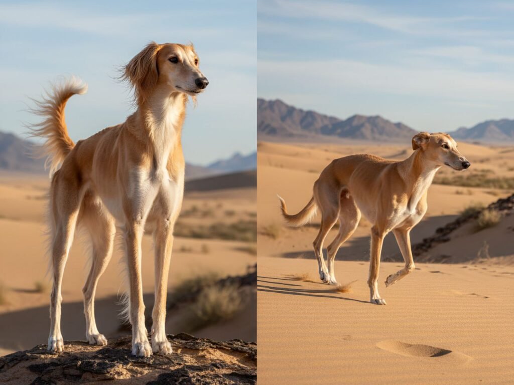 Two Saluki dogs: one with a feathered coat and one with a smooth coat, both showing their distinctive long legs and fine features