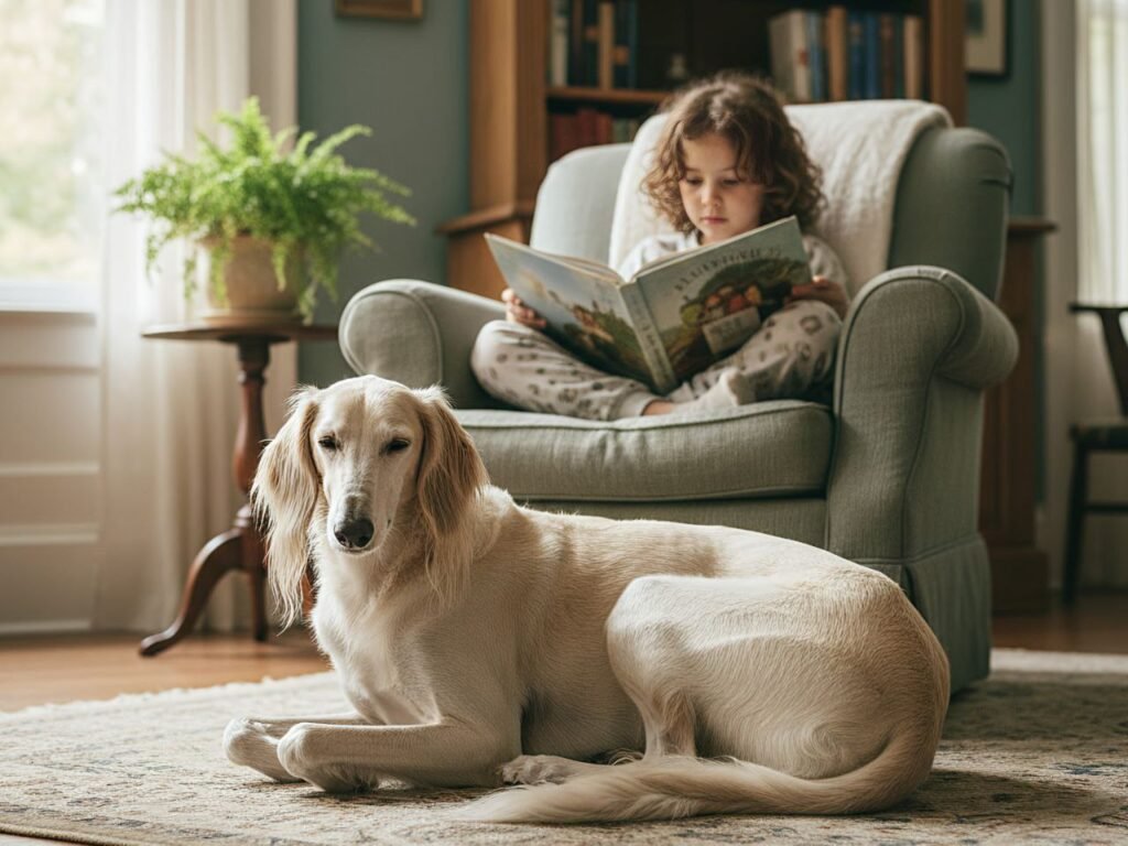 A Saluki lying calmly on a rug beside a quiet child, both appearing serene and relaxed