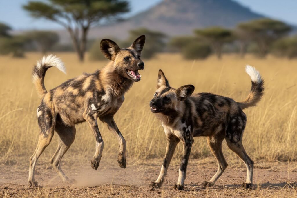 Two African wild dogs communicating with body language and high-pitched vocalizations