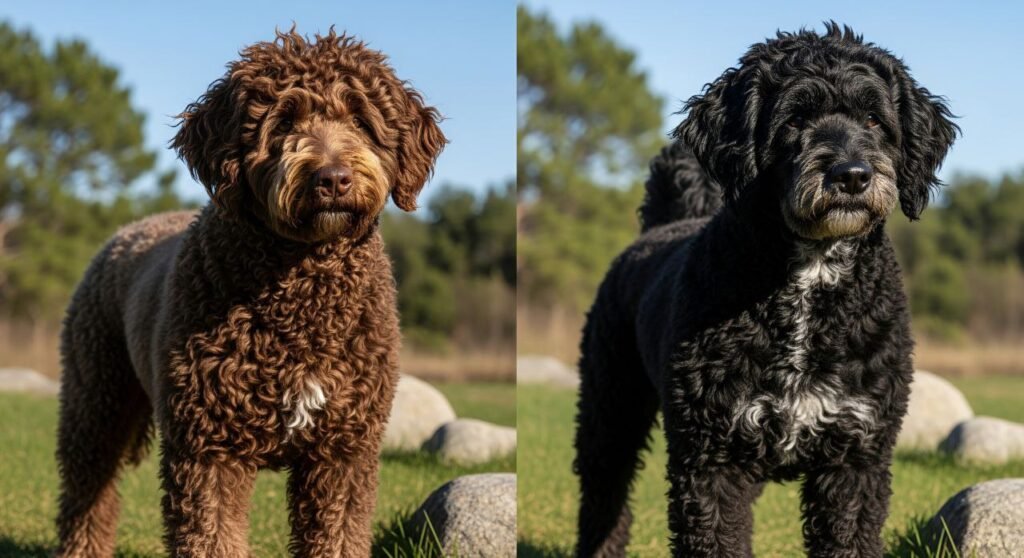 Two Portuguese Water Dogs showing different coat textures—one curly, one wavy