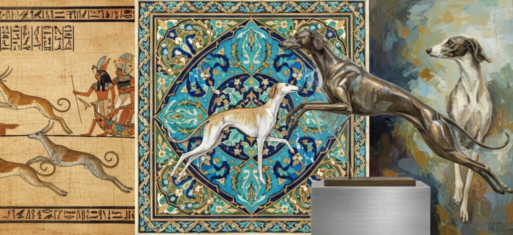 A collage of Saluki dogs in ancient Egyptian and Middle Eastern art across different time periods
