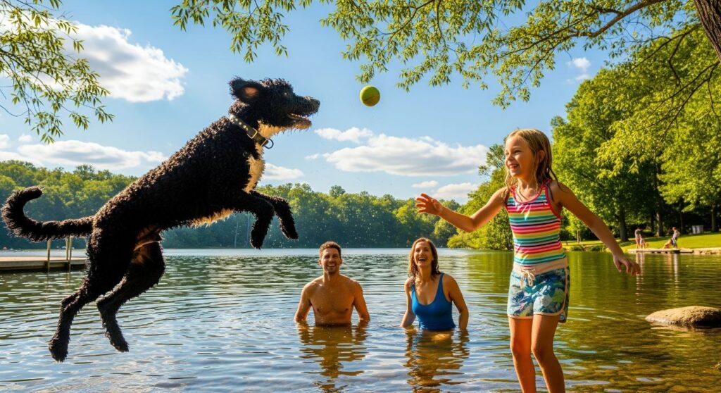 Happy family playing fetch with an energetic Portuguese Water Dog near a lake