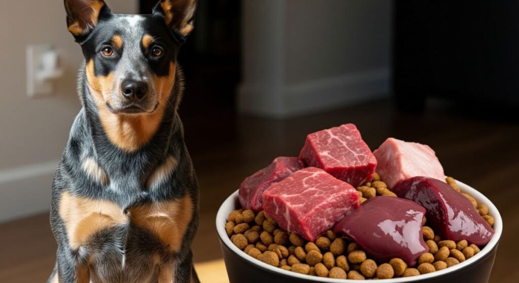 Nutrient-rich dog food in a bowl next to an Australian Cattle Dog