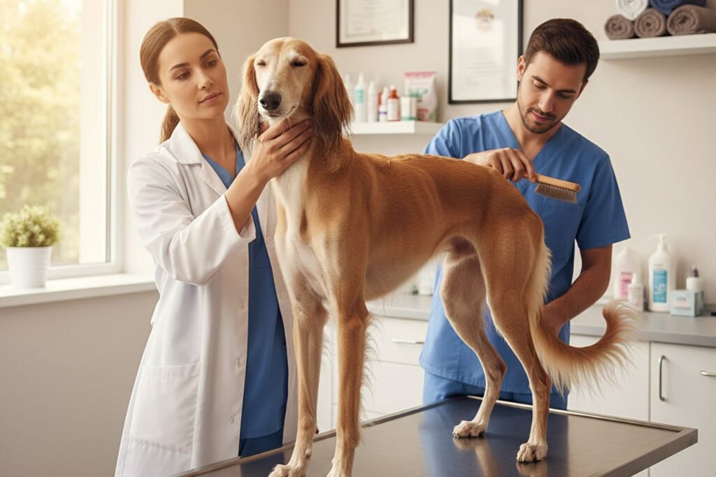 A veterinarian examining a Saluki while it stands calmly on an exam table