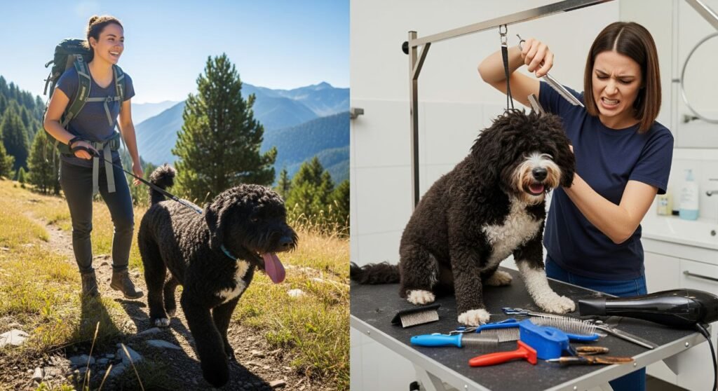 Split view showing active lifestyle versus grooming responsibilities for a Portuguese Water Dog