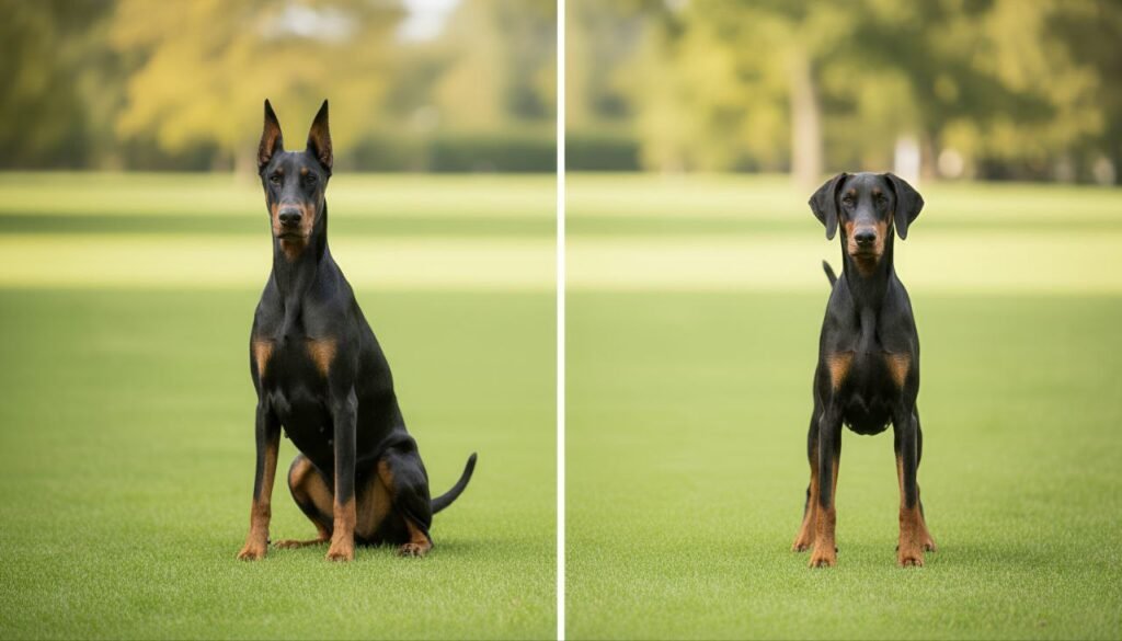 A comparison of Dobermans with cropped ears and docked tails versus natural ears and full tails