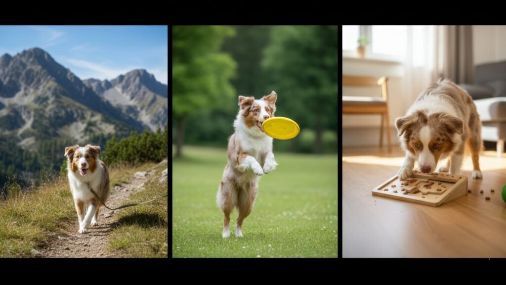 Active Australian Shepherd exercising outdoors and doing mental stimulation indoors.