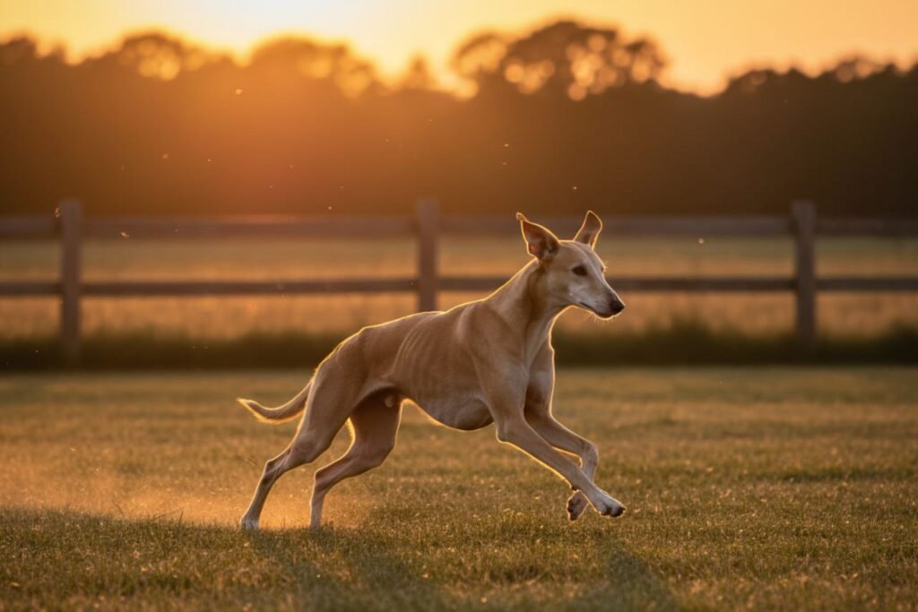 An Azawakh dog runs at full speed across a grassy, fenced area during sunset, its body fully extended in motion