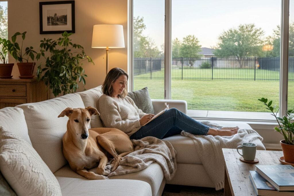 An Azawakh lounges peacefully near its owner in a living room, with a fenced yard outside