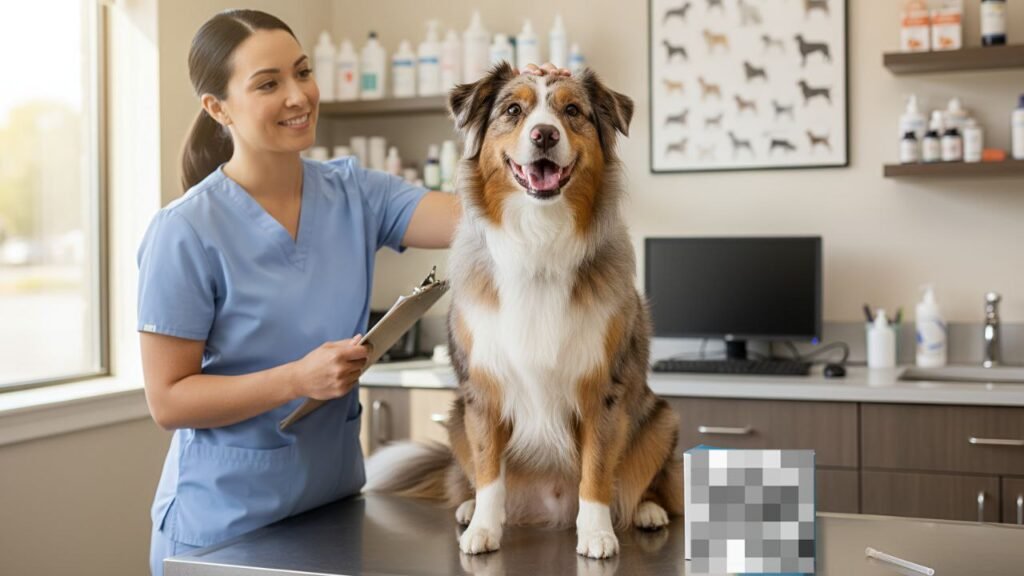 Senior Australian Shepherd at vet clinic and dog DNA test for health screening