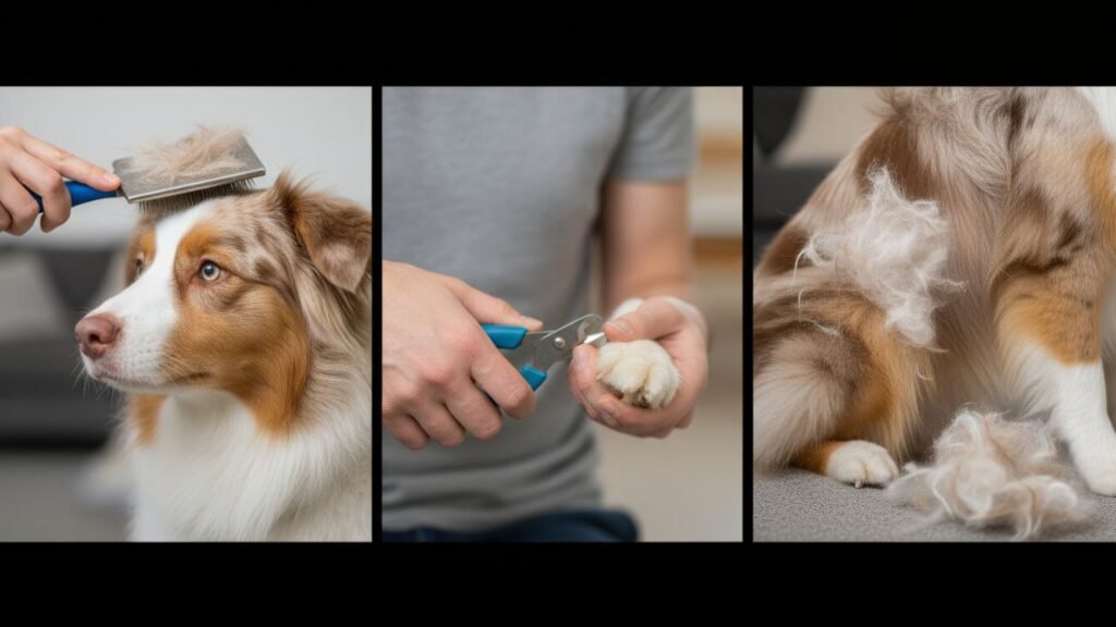 Australian Shepherd being groomed – brushing, nail trimming, and shedding coat.