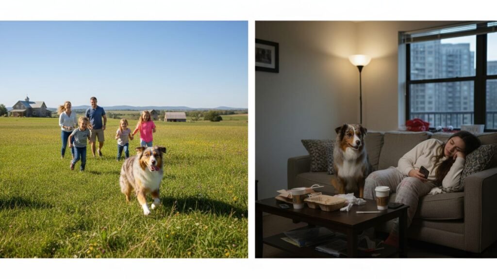 Australian Shepherd enjoying farm life vs. looking restless indoors