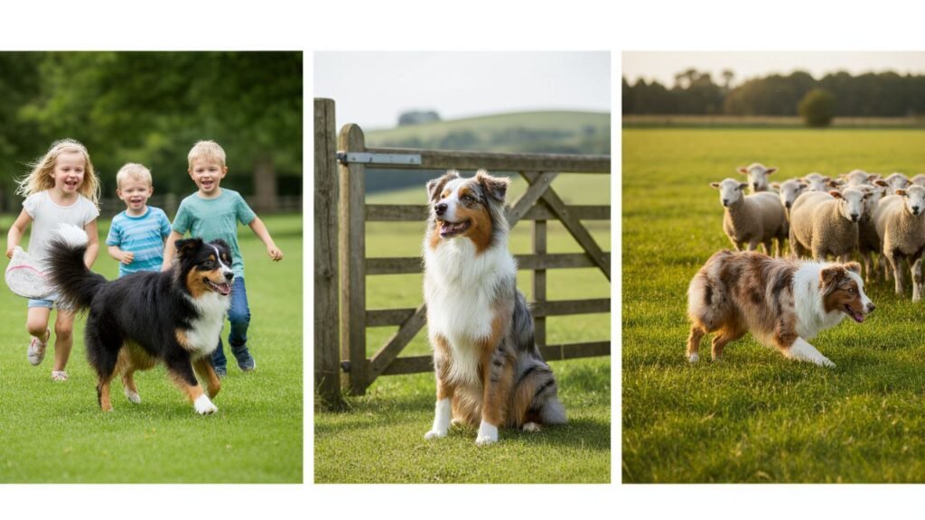 Australian Shepherd playing with children and displaying herding behavior
