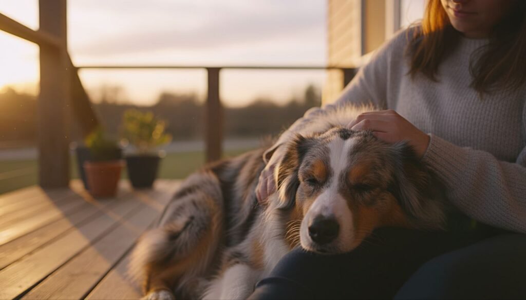 Australian Shepherd cuddling with owner at sunset