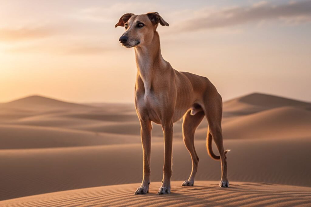 A tall, lean Azawakh dog stands in a desert at sunrise, with sand dunes and soft golden light behind it.