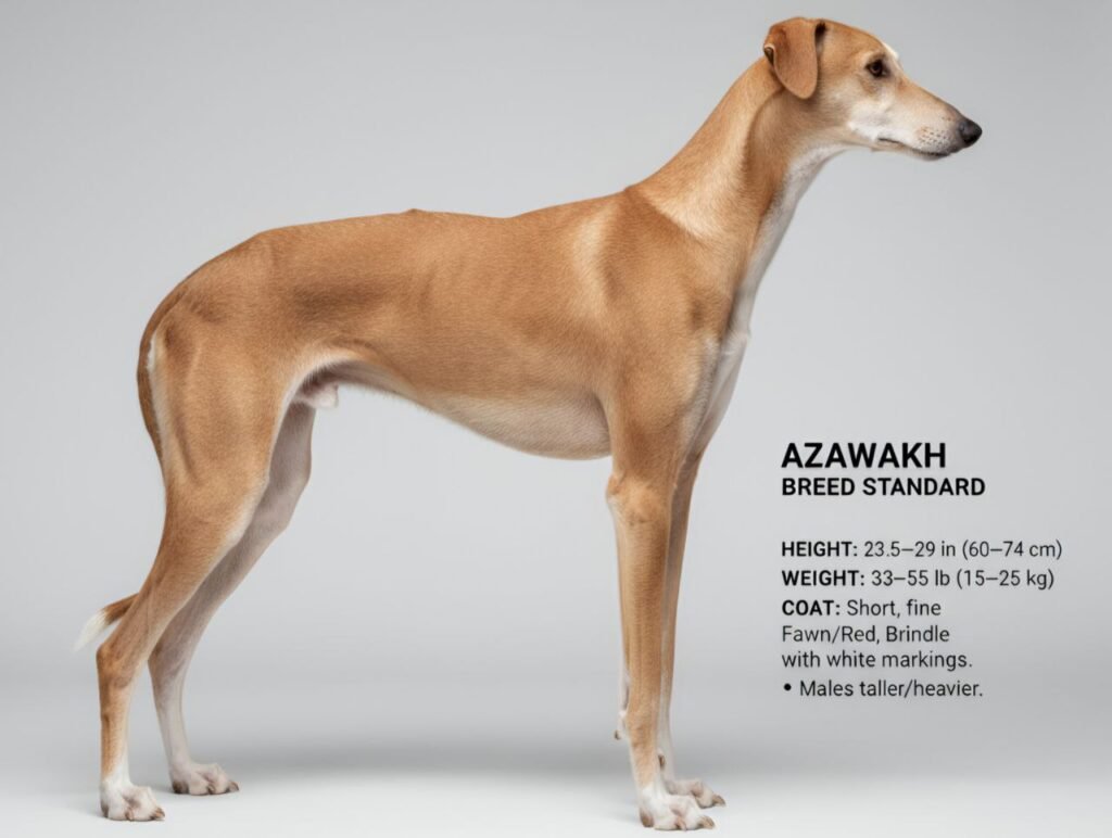 A side-view of a slim Azawakh dog showcasing its long legs and deep chest, with a height and weight chart beside it.