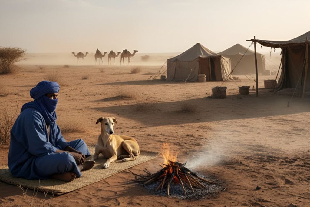 A Tuareg tribesman sits next to an Azawakh dog in a desert camp, with camels and sparse vegetation in the background
