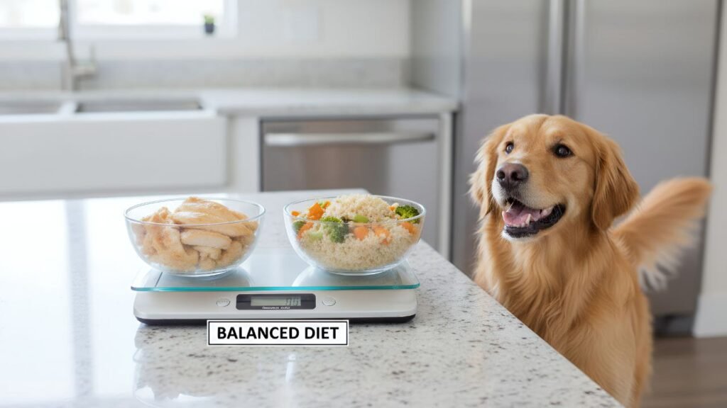 Balanced dog food showing protein in moderation, not overloaded