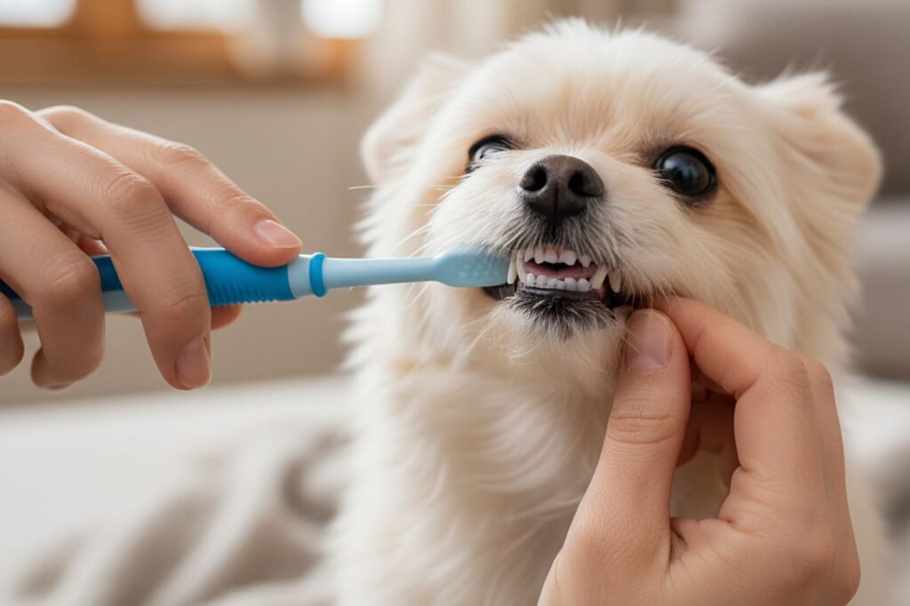Person brushing a dog’s teeth with a dog-specific toothbrush and paste