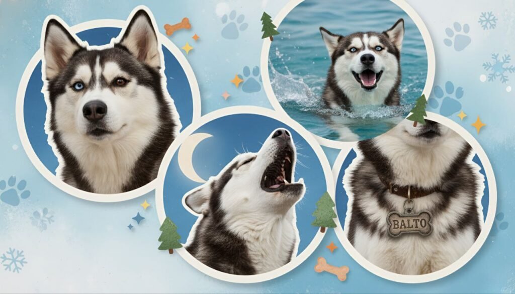 Collage of fun and quirky Husky traits including heterochromia, howling, and their swimming ability