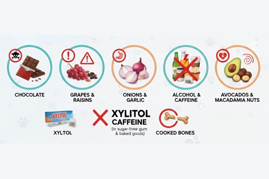 Common foods that are toxic to dogs like chocolate, grapes, and onions