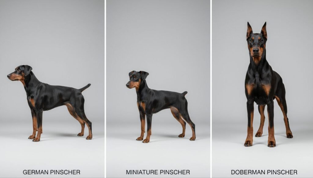 Comparison of German Pinscher, Miniature Pinscher, and Doberman Pinscher standing side by side