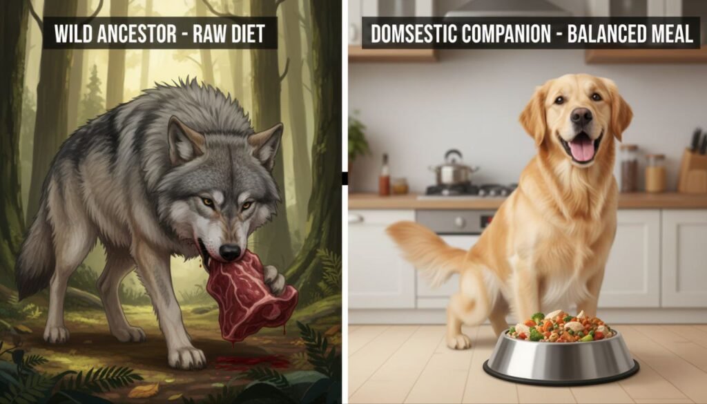 Comparison of a wolf eating raw meat and a pet dog eating cooked food in a home