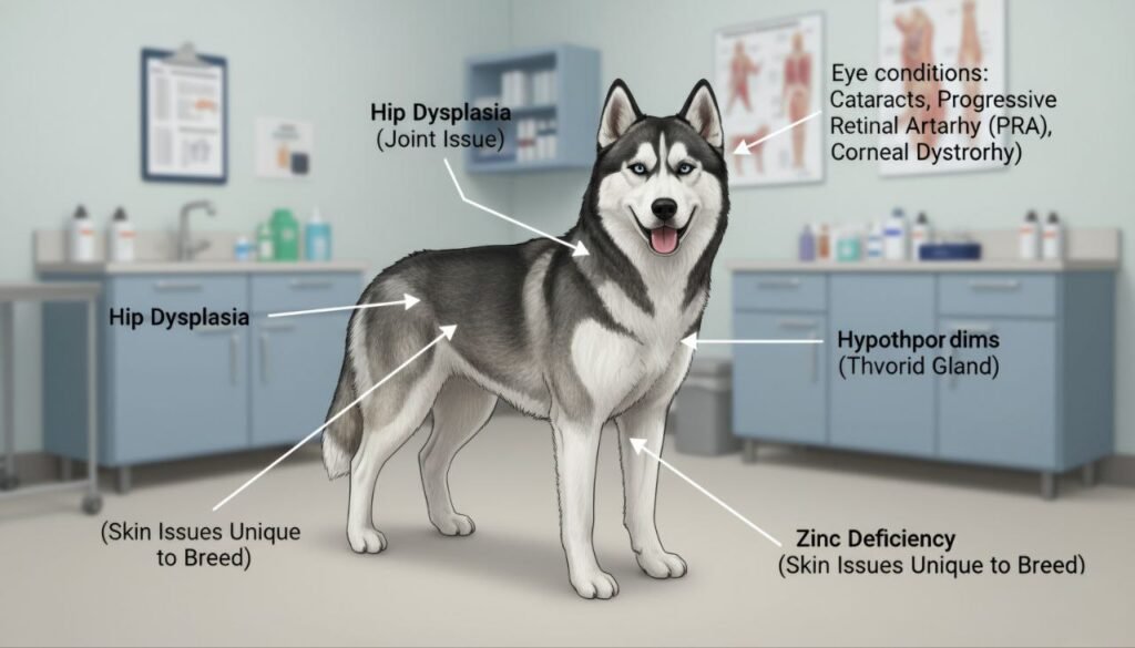 Diagram showing common health issues in Huskies, such as eye conditions, hip dysplasia, and zinc deficiency