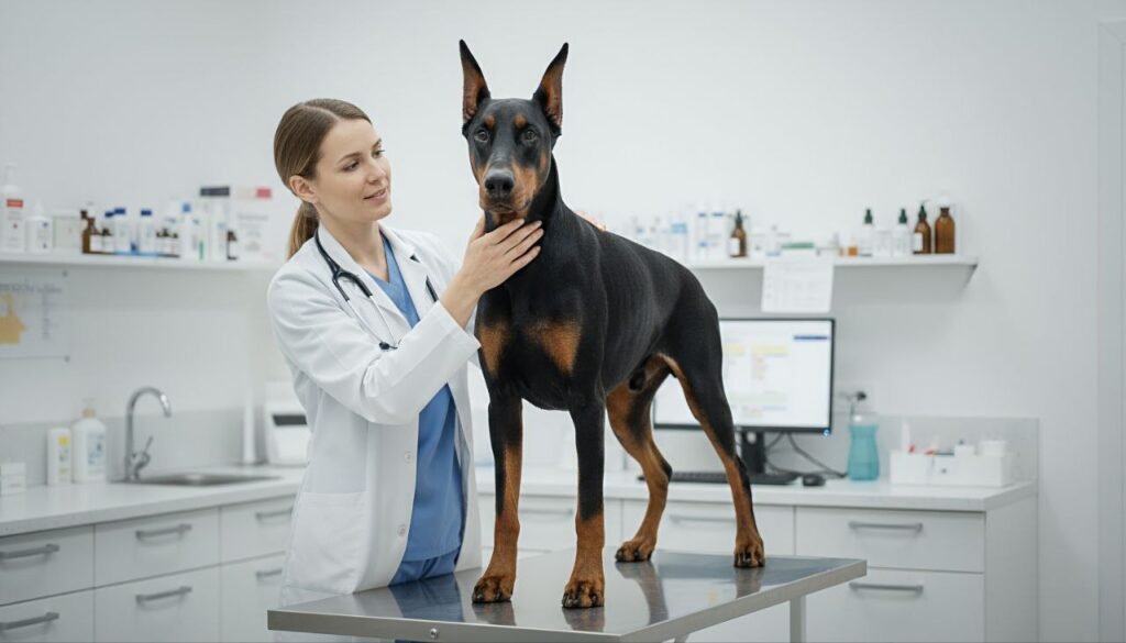 A Doberman at a veterinary clinic getting a routine checkup