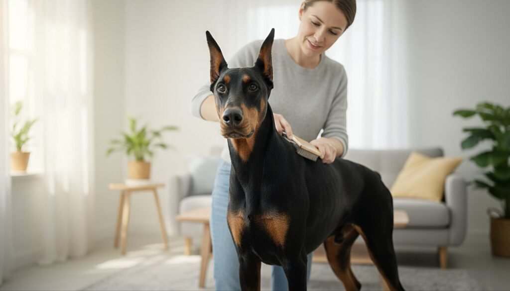 Doberman being gently groomed by its owner