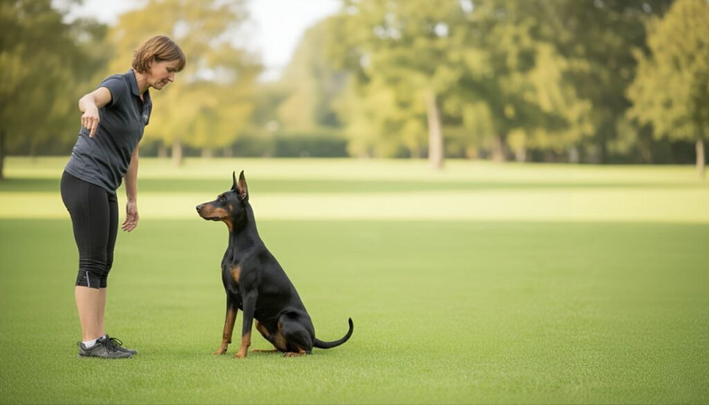 A Doberman in a training session, following commands from a dog trainer